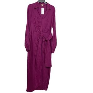 Magaschoni Linen Midi Wrap Dress Women Sz 4 Magenta Long‎ Sleeve Tie Waist